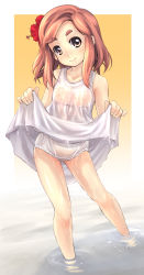 Rule 34 | 1girl, blush, brown eyes, brown hair, closed mouth, clothes lift, crotch seam, dress, dress lift, flat chest, flone robinson, flower, freckles, hair flower, hair ornament, highres, long hair, looking at viewer, mao (6r), matching hair/eyes, panties, smile, solo, standing, swept bangs, swiss family robinson, underwear, wading, wet, wet clothes, wet dress, wet panties, white dress, world masterpiece theater