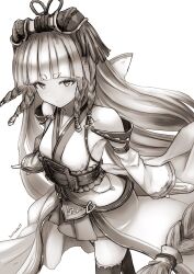 Rule 34 | 1girl, bare shoulders, belt, blunt bangs, braid, breasts, detached sleeves, erune, eyeliner, granblue fantasy, greyscale, hair ornament, highres, japanese clothes, kimono, long hair, looking at viewer, makeup, monochrome, nosuku, pholia, short eyebrows, side braids, skirt, small breasts, solo, thighhighs, thighs, very long hair