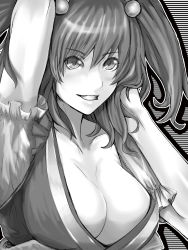 Rule 34 | 1girl, absurdres, arm up, bad id, bad pixiv id, breasts, cleavage, female focus, greyscale, grin, hair bobbles, hair ornament, highres, large breasts, monochrome, onozuka komachi, short hair, smile, solo, tenjiku nezumi, touhou, twintails, two side up