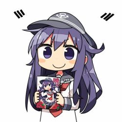 Rule 34 | 10s, 1girl, akatsuki (kancolle), anchor symbol, closed mouth, commentary request, cover, cover page, flat cap, hat, kanikama, kantai collection, light smile, long hair, lowres, manga (object), neckerchief, purple eyes, purple hair, red neckerchief, school uniform, serafuku, simple background, solo, white background