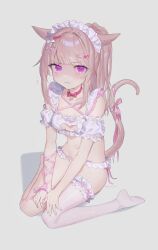 Rule 34 | 1girl, @ @, animal ears, bra, breasts, cat ears, cat girl, cat tail, choker, clothing cutout, embarrassed, final fantasy, final fantasy xiv, frilled panties, frilled thighhighs, frills, funa (sakana), heart cutout, highres, light brown hair, long hair, looking at viewer, maid headdress, miqo&#039;te, navel, nervous, nervous smile, nervous sweating, panties, ponytail, purple eyes, ribbon choker, single thighhigh, sitting, small breasts, smile, stomach, sweat, tail, tears, thighhighs, underwear, wariza, warrior of light (ff14), white bra, white panties