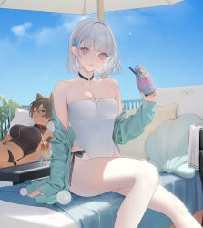 Rule 34 | 2girls, albino, animal ears, aqua jacket, bare legs, bikini, black bikini, black choker, blue sky, blush, breasts, brown eyes, brown hair, casual one-piece swimsuit, choker, cleavage, closed mouth, collar, collarbone, couple, cup, dark-skinned female, dark skin, day, drinking glass, extra ears, feet out of frame, fish hair ornament, food, grey hair, hair ornament, highres, holding, holding cup, ice cream, interracial, jacket, large breasts, long sleeves, looking at viewer, lying, micchan (ohisashiburi), multiple girls, nacchan (ohisashiburi), ohisashiburi, on back, one-piece swimsuit, one eye closed, open clothes, open jacket, orb, original, outdoors, photoshop (medium), pillow, purple eyes, short hair, sitting, sky, smile, strapless, strapless one-piece swimsuit, swimsuit, towel, white one-piece swimsuit, yuri