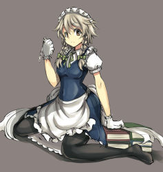 Rule 34 | 1girl, apron, black pantyhose, blue dress, book, book stack, bow, braid, breasts, brown eyes, closed mouth, covered navel, dress, from side, full body, gloves, green bow, green ribbon, grey background, hair bow, izayoi sakuya, looking at viewer, looking to the side, maid, maid headdress, medium breasts, neck ribbon, opanchu (pixiv259683), pantyhose, pocket watch, puffy short sleeves, puffy sleeves, ribbon, short sleeves, silver hair, sitting, solo, touhou, twin braids, waist apron, wariza, watch, white gloves