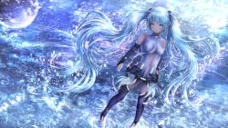 Rule 34 | 1girl, absent, absurdres, aqua hair, bare shoulders, black thighhighs, blue eyes, boots, breasts, detached sleeves, full body, hair ornament, hatsune miku, hatsune miku (append), highres, long hair, looking at viewer, medium breasts, navel, necktie, scenery, shirt, sidelocks, skirt, sleeveless, solo, thigh boots, thighhighs, twintails, very long hair, vocaloid, vocaloid append, water