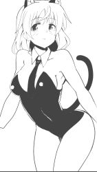 Rule 34 | 1girl, aged up, animal ears, bad id, bad twitter id, breasts, cat ears, cat tail, cleavage, collarbone, cowboy shot, detached collar, glastonbury1966, greyscale, kittysuit, large breasts, leotard, monochrome, necktie, nontraditional playboy bunny, playboy bunny, sanya v. litvyak, short hair, simple background, smile, solo, strike witches, tail, white background, world witches series