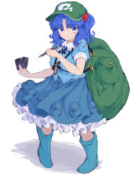 Rule 34 | 100th black market, 1girl, ability card (touhou), absurdres, backpack, bag, blue eyes, blue footwear, blue hair, blush stickers, boots, breasts, full body, green hat, hair bobbles, hair ornament, hat, highres, holding, kawashiro nitori, key, light smile, looking at viewer, medium breasts, medium hair, mugi (mugimugi 9kv), parted bangs, pigeon-toed, pocket, rubber boots, simple background, skirt, touhou, two side up, white background