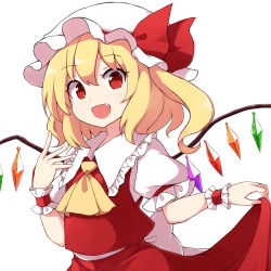 Rule 34 | 1girl, back bow, blonde hair, bow, crystal, fang, flandre scarlet, frills, hand up, hat, hat ribbon, heart, highres, long hair, looking at viewer, mob cap, open mouth, puffy short sleeves, puffy sleeves, red eyes, red ribbon, red skirt, red vest, ribbon, rizento, shirt, short sleeves, side ponytail, simple background, skirt, skirt hold, smile, solo, touhou, upper body, vest, white background, white bow, white hat, white shirt, wings, wrist cuffs, yellow neckwear