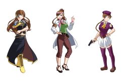 Rule 34 | absurdres, alternate costume, armband, bangle, belt, beret, bracelet, brown hair, character sheet, commission, cosplay request, costume request, grey eyes, gun, gunarmdyne, handgun, hat, hemila, highres, jewelry, lab coat, navel, pink glasses, pointing, pointing up, third-party source, weapon, white background