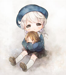 2boys aged_down braid chibi chibi_only child crossdressing grey_eyes hat highres hijiyama_takatoshi juusan_kihei_bouei_ken keluy kindergarten_uniform kneehighs loafers looking_at_viewer male_focus multiple_boys okino_tsukasa pleated_skirt school_hat shoes sitting skirt socks trap twin_braids white_hair