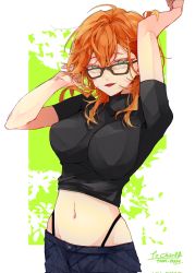 Rule 34 | 1girl, artist name, black shirt, blue pants, breasts, char (vtuber), char (vtuber), commission, crop top, glasses, green eyes, hand in own hair, highres, indie virtual youtuber, inns, inns, large breasts, medium hair, navel, open hand, open mouth, orange hair, pants, second-party source, shirt, skeb commission, smile, solo, turtleneck, virtual youtuber