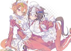 Rule 34 | 2girls, ahoge, animal ears, apron, arm support, bow, breasts, brown hair, chachalnene, closed mouth, gym uniform, hair between eyes, hair bow, hairband, highres, horse ears, horse girl, horse tail, jacket, jersey maid, kneeling, maid, maid headdress, medium breasts, meisho doto (umamusume), multicolored hair, multiple girls, orange hair, pants, parted lips, purple eyes, red jacket, red pants, shoes, short hair, simple background, sleeves past wrists, small breasts, smile, sneakers, t.m. opera o (umamusume), tail, track jacket, two-tone hair, umamusume, unconventional maid, waist apron, white background, white hair