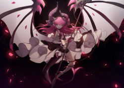 Rule 34 | 10s, 1girl, aqua eyes, asymmetrical horns, bat wings, black background, curled horns, elizabeth bathory (fate), elizabeth bathory (fate/extra ccc), elizabeth bathory (first ascension) (fate), fate/extra, fate/extra ccc, fate (series), frills, holding, holding weapon, horns, long hair, looking at viewer, no-kan, petals, pink hair, pointy ears, smile, solo, tail, two side up, uneven horns, weapon, wings
