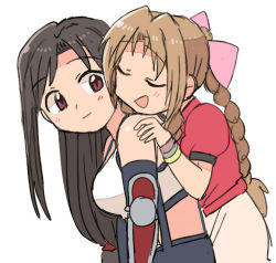 Rule 34 | 2girls, aerith gainsborough, bare arms, bare shoulders, black hair, blush, bow, bracelet, braid, breasts, brown hair, closed eyes, closed mouth, elbow gloves, eyebrows, female focus, final fantasy, final fantasy vii, final fantasy vii remake, gloves, head on another&#039;s shoulder, jacket, jewelry, long hair, looking at another, low-tied long hair, multiple girls, open mouth, parted bangs, pink bow, shiny skin, simple background, square enix, suspenders, talking, tank top, tifa lockhart, white background, white tank top