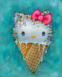 aqua_background blue_eyes bow camilla_d&#039;errico food food_focus hello_kitty hello_kitty_(character) highres ice_cream ice_cream_cone no_humans painting_(medium) sanrio sprinkles traditional_media whiskers