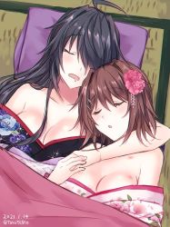Rule 34 | 2girls, ahoge, alternate costume, black hair, breasts, brown hair, cleavage, closed eyes, commentary request, dated, flower, furutaka (kancolle), futon, hair flower, hair ornament, japanese clothes, kabocha torute, kako (kancolle), kantai collection, kimono, long hair, medium breasts, multiple girls, off shoulder, one-hour drawing challenge, parted bangs, pillow, short hair, tatami, twitter username, yuri