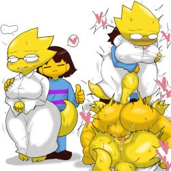 Rule 34 | 1boy, 1girl, alphys, animal ears, ass, blush, grabbing another&#039;s breast, breasts, brown hair, colored skin, enigi09, frisk (undertale), grabbing, grabbing from behind, heart, highres, horns, huge ass, interspecies, large breasts, lying, lying on person, mating press, monster girl, on person, sex, short hair, speech bubble, undertale, yellow skin