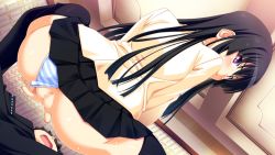 Rule 34 | 1boy, 1girl, ass, ayanokouji aoi, black hair, black skirt, black thighhighs, blazer, blue panties, blush, ceiling, censored, clothes lift, clothing aside, dutch angle, from behind, game cg, girl on top, hetero, hime cut, indoors, jacket, kuuchuu yousai, long sleeves, looking at viewer, looking back, lying, makai tenshi djibril, makai tenshi djibril 4, mosaic censoring, naughty face, okita kento, on back, open fly, open mouth, panties, panties aside, panty pull, pleated skirt, presenting, purple eyes, pussy, school uniform, short hair, skirt, skirt lift, smile, solo focus, spiked hair, spread legs, squatting, striped clothes, striped panties, sweat, thighhighs, underwear, unzipped, white panties