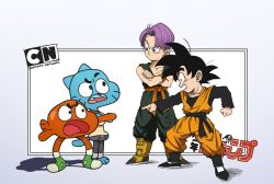 Rule 34 | 4boys, black eyes, black hair, blue eyes, cartoon network, commentary, crossed arms, crossover, darwin watterson, dougi, dragon ball, dragonball z, english commentary, fangs, frown, gumball watterson, male focus, multiple boys, open mouth, pointing, purple hair, snoozincopter, son goten, the amazing world of gumball, trunks (dragon ball)