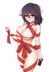 Rule 34 | 1girl, black hair, blue eyes, blush, breasts, cleavage, convenient censoring, gift, gift art, highres, holding, holding gift, kill la kill, large breasts, looking at viewer, matoi ryuuko, multicolored hair, naked ribbon, open mouth, red hair, red ribbon, ribbon, short hair, simple background, solo, soveno, standing, streaked hair, white background