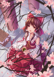 Rule 34 | 1girl, ascot, bad id, bad pixiv id, blurry, brown hair, catsmoon, cherry blossoms, cup, depth of field, detached sleeves, from above, hair ornament, hair ribbon, hair tubes, hakurei reimu, highres, japanese clothes, long skirt, long sleeves, looking at viewer, miko, open mouth, petals, red eyes, red skirt, ribbon, shirt, short hair, skirt, skirt set, smile, solo, teacup, touhou, wide sleeves