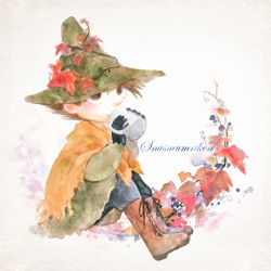 Rule 34 | 1boy, akari (chanchanko), boots, brown eyes, brown hair, chanchanko, character name, cup, drinking, full body, hat, leaf, male focus, moomin, painting (medium), sitting, snufkin, solo, teacup, traditional media, watercolor (medium)