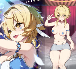 1girl :d :q absurdres arm_strap arm_up armpits bare_shoulders bed_sheet blonde_hair breasts censored cleavage closed_mouth collarbone facial_mark feather_hair_ornament feathers feet_out_of_frame genshin_impact grey_skirt hair_intakes hair_ornament heart heart_censor highres houkisei huge_filesize lumine_(genshin_impact) medium_breasts miniskirt multiple_views on_bed open_mouth pubic_hair pussy pussy_juice short_hair_with_long_locks sidelocks sitting skindentation skirt sleeveless smile stage_lights star_(symbol) tongue tongue_out topless upskirt v yellow_eyes