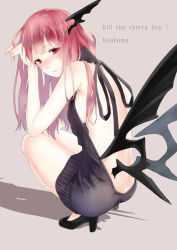 Rule 34 | 1girl, absurdres, backless dress, backless outfit, bare back, bare legs, bare shoulders, bat wings, black footwear, black sweater, blush, breasts, butt crack, character name, dress, english text, female focus, full body, halterneck, head wings, high heels, highres, koakuma, long hair, looking at viewer, low wings, meme attire, nagata nagato, naked sweater, red eyes, red hair, shoes, sideboob, simple background, solo, squatting, sweater, sweater dress, touhou, turtleneck, turtleneck sweater, virgin killer sweater, wings
