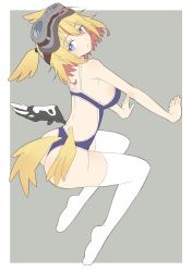 Rule 34 | 1girl, absurdres, all fours, asymmetrical wings, bad id, bad twitter id, blonde hair, border, closed mouth, colored inner hair, donguri suzume, dutch angle, from side, goggles, goggles on head, grey background, head wings, highres, indie virtual youtuber, looking at viewer, looking to the side, low wings, mechanical wings, multicolored hair, one-piece swimsuit, purple eyes, purple one-piece swimsuit, red hair, short hair, simple background, solo, swimsuit, tail, thighhighs, torii kaname, virtual youtuber, white border, white thighhighs, wings