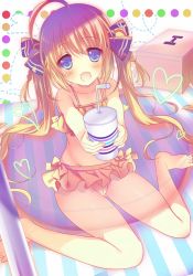 Rule 34 | 1girl, :d, ahoge, blonde hair, blue eyes, bow, drink, gift, hair bow, hair ribbon, holding, innertube, long hair, looking at viewer, navel, open mouth, original, ribbon, shiromochi sakura, sitting, smile, soft drink, solo, swim ring, swimsuit, twintails, very long hair