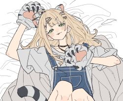 1girl blonde_hair dayama gloves green_eyes kaburaki_roco lying nijisanji paw_gloves solo tongue tongue_out virtual_youtuber