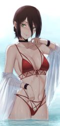 Rule 34 | 1girl, bare shoulders, bikini, black choker, black hair, blush, bracelet, breasts, chainsaw man, choker, cleavage, closed mouth, collarbone, cowboy shot, day, female pubic hair, green eyes, hair between eyes, highres, jewelry, large breasts, long sleeves, looking at viewer, micchan (micchanmeido), navel, off shoulder, open clothes, outdoors, pubic hair, pubic hair peek, red bikini, reze (chainsaw man), see-through, short hair, smile, solo, stomach, swimsuit, wading, water