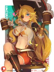 Rule 34 | 1girl, ahoge, ascot, beer mug, bikini, bikini top only, blonde hair, blue eyes, blush, boots, bow, breasts, cleavage, crossed legs, cup, dragalia lost, dual wielding, eyepatch, grin, hair bow, hat, heart, hentaki, highres, holding, karina (dragalia lost), knee boots, large breasts, long hair, looking at viewer, low-tied long hair, miniskirt, mug, navel, one eye covered, open clothes, open shirt, patreon username, pirate, pirate hat, shirt, sidelocks, sitting, skirt, smile, solo, stomach, swimsuit, very long hair, wavy hair, white shirt
