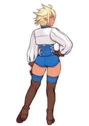 Rule 34 | 1girl, absurdres, ass, blonde hair, blue shorts, blue thighhighs, boots, brown footwear, brown gloves, commentary, crop top, dark-skinned female, dark skin, elf, english commentary, from behind, full body, gloves, hand on own hip, high heel boots, high heels, highres, long sleeves, original, pointy ears, puffy long sleeves, puffy sleeves, short hair, short shorts, shorts, simple background, smile, solo, sunna (nilsunna), thigh boots, thighhighs, thighhighs under boots, white background