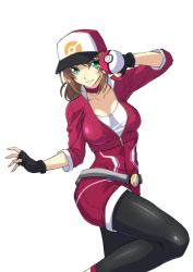 Rule 34 | 10s, 1girl, baseball cap, breasts, creatures (company), female focus, female protagonist (pokemon go), game freak, hat, highres, holding, holding poke ball, licking, long hair, looking at viewer, nintendo, ozaneko, poke ball, pokemon, pokemon go, ponytail, simple background, solo, white background