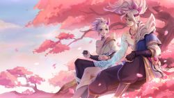 Rule 34 | 1boy, 1girl, armor, asymmetrical clothes, bare shoulders, blue eyes, breasts, cherry blossoms, choker, earrings, highres, in tree, jewelry, kezi, league of legends, medium breasts, necklace, riven (league of legends), short hair, shoulder armor, sitting, sitting in tree, spirit blossom riven, spirit blossom yasuo, tree, white hair, yasuo (league of legends)