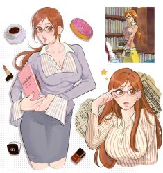 Rule 34 | 1girl, absurdres, bleach, book, breasts, brown eyes, brown hair, brown nails, cleavage, collared shirt, commentary, english commentary, glasses, grey pants, hair behind ear, highres, holding, holding book, inoue orihime, large breasts, leaning forward, low ponytail, luvlyroseve, office lady, official alternate costume, official art inset, open mouth, orange hair, pants, pinstripe pattern, pinstripe shirt, purple shirt, reference inset, shirt, surprised, yellow shirt, yves saint laurent