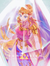 Rule 34 | 1girl, blonde hair, blue eyes, commission, crest, crystal, dress, elbow gloves, family crest, from above, gloves, highres, long hair, nintendo, parted lips, pink dress, pointy ears, princess zelda, shoulder pads, solo, sumustard, the legend of zelda, the legend of zelda: ocarina of time, tiara, very long hair, white gloves