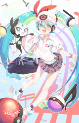 Rule 34 | 1girl, absurdres, aqua eyes, aqua hair, bag, beamed sixteenth notes, beanie, black socks, collared shirt, commentary, creatures (company), eighth note, game freak, gen 5 pokemon, gloves, green hair, hat, hatsune miku, headphones, highres, legendary pokemon, long hair, meloetta, musical note, mythical pokemon, nintendo, open mouth, pleated skirt, poke ball, pokemon, pokemon (creature), project voltage, psychic miku (project voltage), quarter note, shirt, shoulder bag, signature, single glove, skirt, smile, socks, twintails, very long hair, vocaloid, white footwear, white gloves, white headwear, white shirt, zonunoll