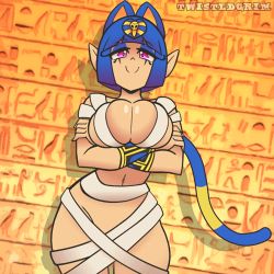 Rule 34 | 1girl, animal crossing, animal ears, animated, animated gif, ankha (animal crossing), bandages, blue hair, breasts, cat, cat ears, cat girl, cat tail, cleavage, curvy, dancer, emi (twistedgrim), emi twistedgrim, female focus, furry, large breasts, looking at viewer, lowres, medium hair, nintendo, no humans, partially undressed, pink eyes, pointy ears, smile, solo, tail, twistedgrim, wide hips