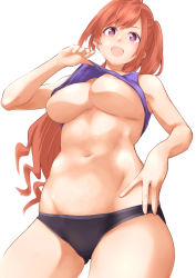 Rule 34 | 1girl, areola slip, arisugawa natsuha, bare shoulders, blush, breasts, clothes lift, highres, idolmaster, idolmaster shiny colors, kazuo daisuke, large breasts, long hair, looking at viewer, navel, open mouth, orange hair, ponytail, purple eyes, simple background, smile, solo, swept bangs, thighs, underboob, white background