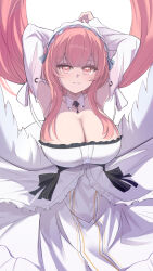 Rule 34 | 1girl, absurdres, armpits, arms behind head, arms up, azur lane, breasts, cleavage, collar, collarbone, detached collar, detached sleeves, dress, febicoron, frilled dress, frilled hairband, frills, hairband, highres, huge breasts, long dress, long hair, looking at viewer, parted lips, perseus (azur lane), pink eyes, pink hair, simple background, solo, very long hair, white background, white collar, white dress, white sleeves, white wings, wings