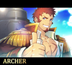 Rule 34 | 1boy, archer (lostbelt), bara, beard, blue eyes, board game, brown hair, epaulettes, facial hair, fate/grand order, fate (series), large pectorals, letterboxed, long sideburns, male focus, military, military uniform, muscular, napoleon bonaparte (fate), pectorals, scar, sideburns, sky, solo, teeth, uniform, waku (ayamix)
