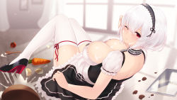 Rule 34 | 1girl, accident, anchor choker, azur lane, blush, breasts, cait aron, choker, cleavage, cream, cream on body, cream on face, crossed bangs, food, food on body, food on breasts, food on face, frill trim, frilled choker, frills, full body, hair between eyes, hairband, high heels, highres, lace-trimmed hairband, lace trim, large breasts, looking back, maid, mary janes, messy, on floor, one eye closed, puffy sleeves, red eyes, ribbon, ribbon-trimmed legwear, ribbon trim, shoes, short hair, sirius (azur lane), skirt, solo, spill, thighhighs, tile floor, tiles, white frills, white hair, white thighhighs, zettai ryouiki
