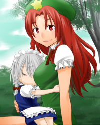 Rule 34 | 2girls, alternate eye color, apron, bad id, bad pixiv id, bow, braid, breasts, cloud, cloudy sky, day, grass, hair bow, hat, hong meiling, hug, izayoi sakuya, kurirou, large breasts, looking at viewer, maid, maid headdress, multiple girls, outdoors, puffy short sleeves, puffy sleeves, red bow, red hair, short sleeves, silver hair, sky, sleeping, smile, star (symbol), touhou, tree, twin braids, waist apron, wing collar, aged down