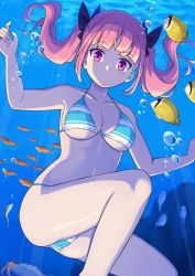 Rule 34 | 1girl, :t, air bubble, animal, anomalocaris, bare arms, bare legs, bare shoulders, bikini, black bow, bow, breasts, bubble, cleavage, closed mouth, commentary request, day, feet out of frame, fish, freediving, hair bow, halterneck, hands up, highres, looking at viewer, medium breasts, ocean, original, purple eyes, red hair, solo, string bikini, striped bikini, striped clothes, swimsuit, tsunaso (lack of sunlight), twintails, underwater, water