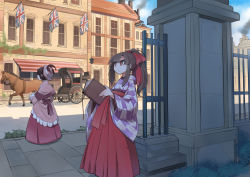 Rule 34 | 2girls, architecture, awning, blue sky, blush, book, bow, bridle, bright pupils, brown hair, chimney, day, dot nose, eyes visible through hair, hair bow, hakama, hakama skirt, high ponytail, historical event, holding, holding book, horse, japanese clothes, long hair, long sleeves, looking afar, multiple girls, open book, outdoors, parted bangs, raised eyebrows, red bow, red eyes, red hakama, reins, road, senhappyaku, skirt, sky, smoke, street, union jack, united kingdom, white pupils, wide sleeves