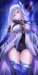 Rule 34 | 1girl, bare shoulders, black unitard, breasts, cleavage, closed mouth, commentary, crossed bangs, genshin impact, grey hair, hair intakes, hand up, head tilt, highres, impossible clothes, large breasts, long hair, looking at viewer, parted bangs, penguintake, purple background, red eyes, skindentation, skirk (genshin impact), slit pupils, solo, thick thighs, thighs