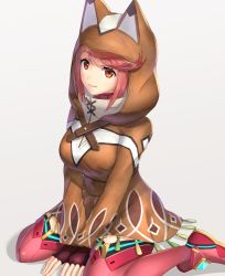Rule 34 | 1girl, animal ears, animal hood, blush, cape, cat ears, gonzarez, grey background, highres, hood, jewelry, looking at viewer, nintendo, pyra (xenoblade), red hair, simple background, sitting, smile, solo, thighhighs, tiara, xenoblade chronicles (series), xenoblade chronicles 2