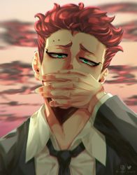 Rule 34 | 1boy, black clover, cloud, cloudy sky, covered mouth, covering own mouth, formal, green eyes, hand on mouth, highres, instagram username, long sleeves, looking at viewer, red hair, red sky, short hair, sky, suit, twitter username, watermark, zora ideale