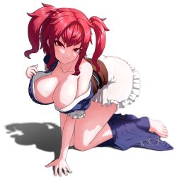 Rule 34 | 1girl, arm support, breasts, cleavage, closed mouth, clothes pull, commentary, full body, hair bobbles, hair ornament, highres, kneeling, large breasts, looking at viewer, obi, onozuka komachi, pepelonthi, pulled by self, red eyes, red hair, sash, seductive smile, sidelocks, simple background, smile, solo, touhou, two side up, white background